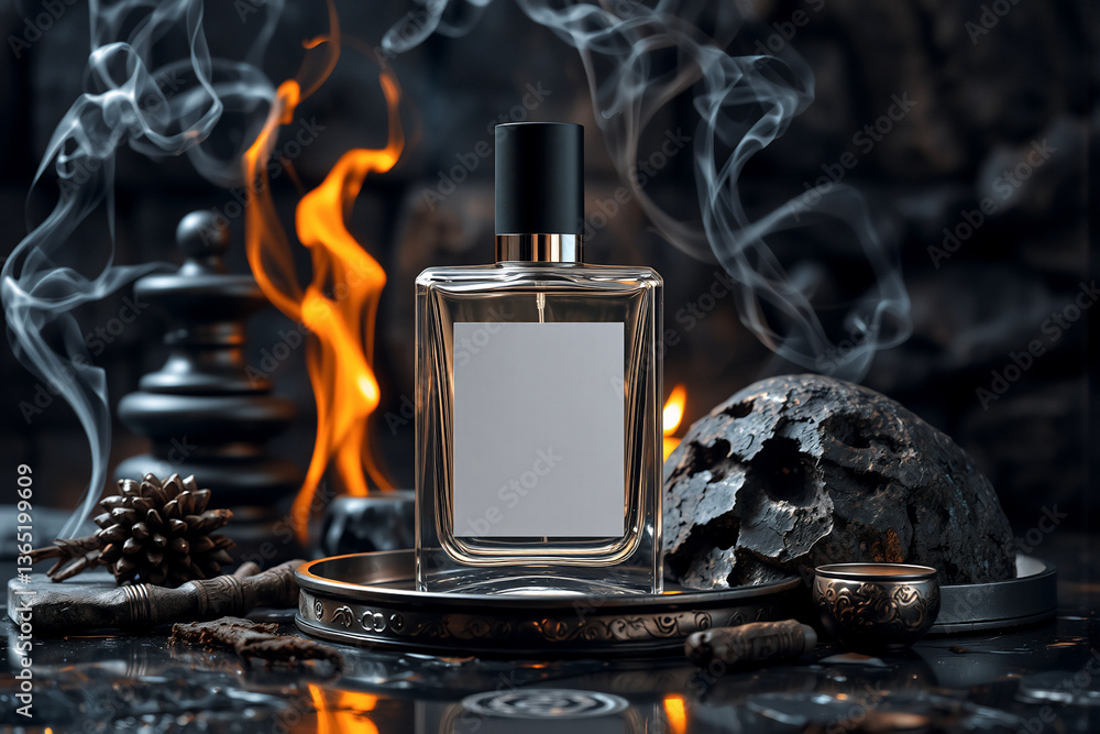 Poster elegant perfume bottle surrounded by smoky tendrils and flickering flames, creating a dramatic and a