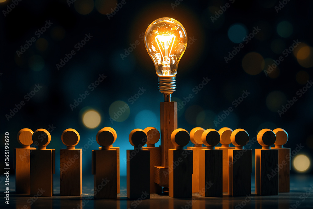 Poster a glowing light bulb illuminates a group of wooden figures, symbolizing a bright idea and collaborat