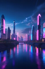 Cyberpunk skyline with glowing skyscrapers reflecting on river at dusk