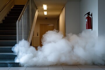 Smoke filling a hallway and stairwell