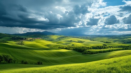 Obraz premium Rolling Green Hills of Tuscany Under Dramatic Sky