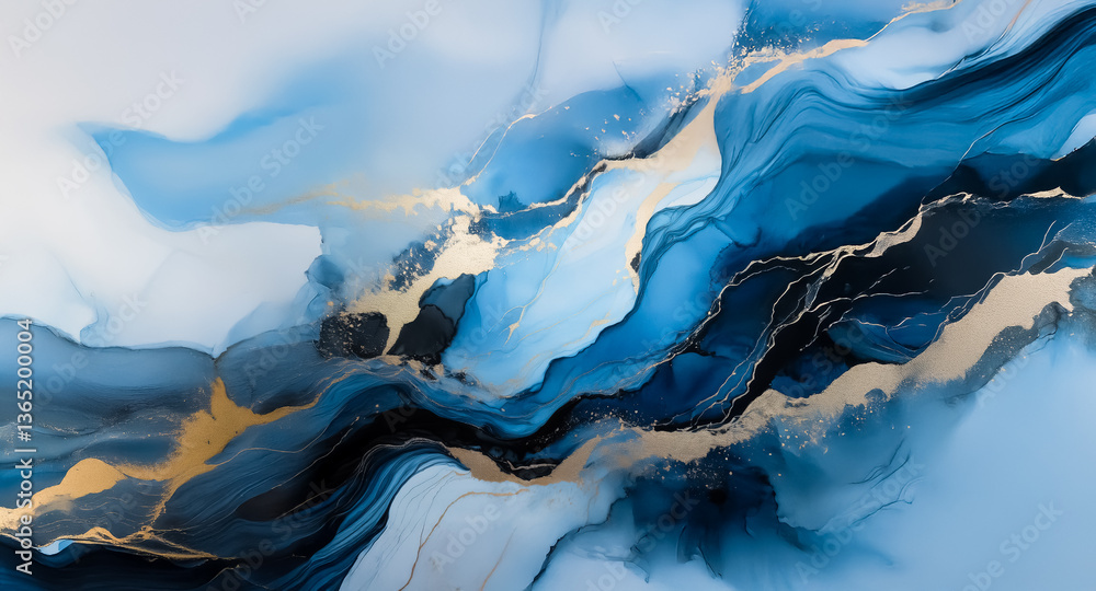 Poster abstract artwork with flowing blue, white, and gold hues creating a liquid ink effect. elegant and m