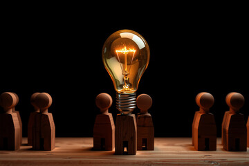 A brightly lit light bulb figure stands tall amongst a group of wooden figures on a wooden surface against a dark backdrop, symbolizing a bright idea and leadership.
