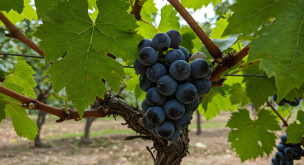Fototapeta premium Lush Grapevine Canopy Displaying Ripe Fruit Clusters Ready for Harvest