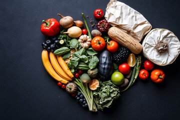 Vibrant fruits and vegetables artistically arranged in a heart shape against a dark backdrop, representing healthy eating and fresh, natural produce.