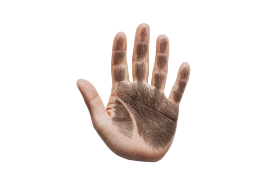 Detailed caucasian handprint on black background, cut out