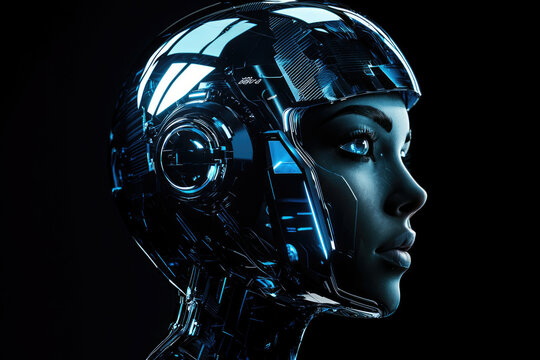 A female cyborg, profile view, futuristic helmet, glowing blue accents, dark background.