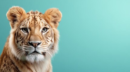 This stunning image captures a close-up of a majestic tiger with striking features, showcasing its powerful presence and beautiful fur against a soothing turquoise background.