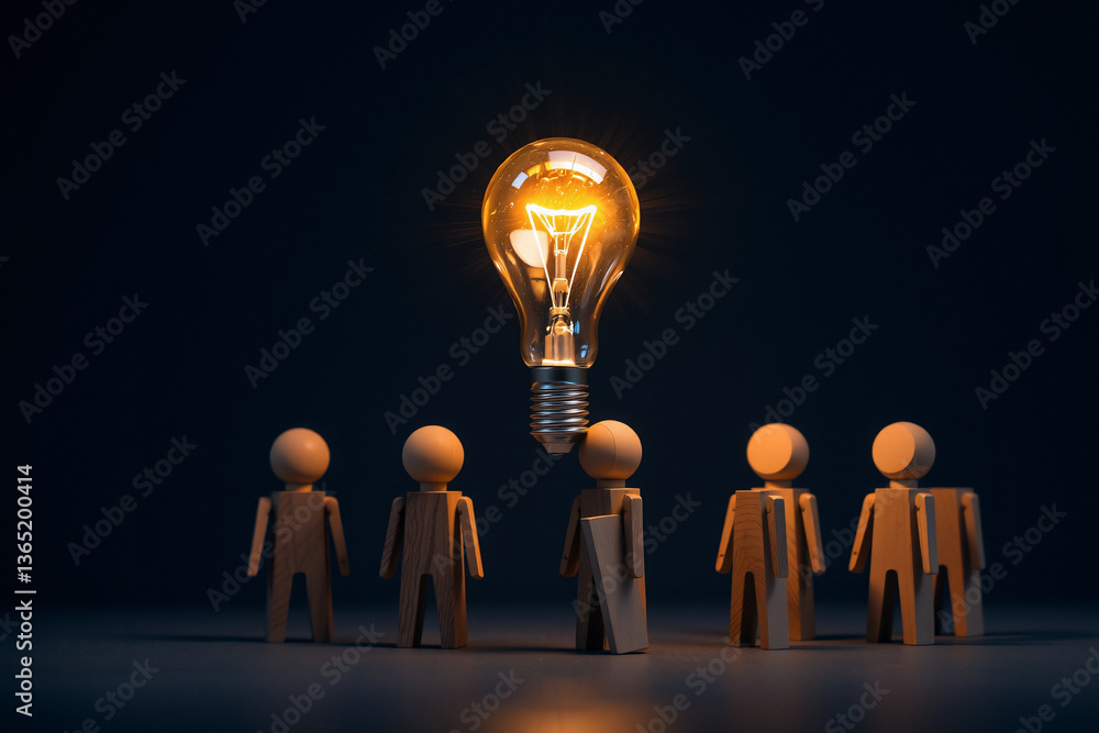 Aufkleber a group of wooden figures looks up at a glowing light bulb, symbolizing a bright idea or innovation 