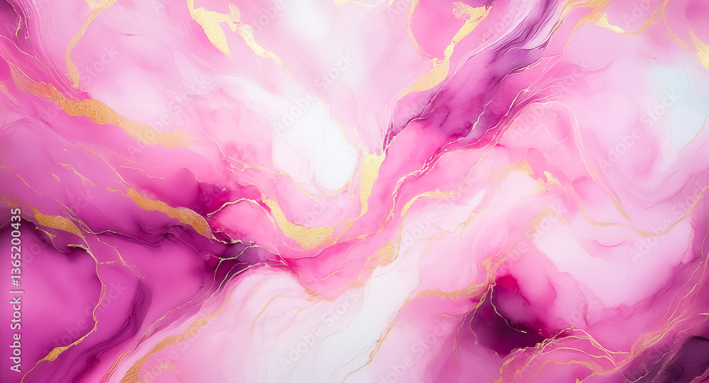 Poster Pink and gold abstract background with swirling marble effect. Elegant, luxurious design with flowing colors creating a fluid and artistic backdrop.