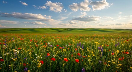 Fototapeta premium Vibrant wildflowers bloom brightly under a sunny sky Rolling green hills form a peaceful landscape.. AI Generated