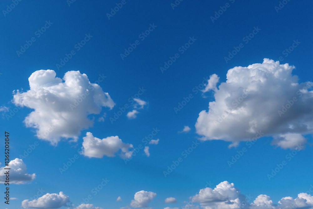 Poster Bright blue sky filled with fluffy white clouds on a sunny day.  A peaceful and clear atmosphere with a sense of spaciousness and calm.