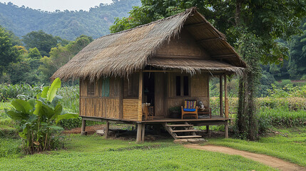 Fototapeta premium small Thai countryside home with woven bamboo roof