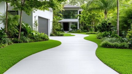 Naklejka premium Suburban street with modern home and lush greenery