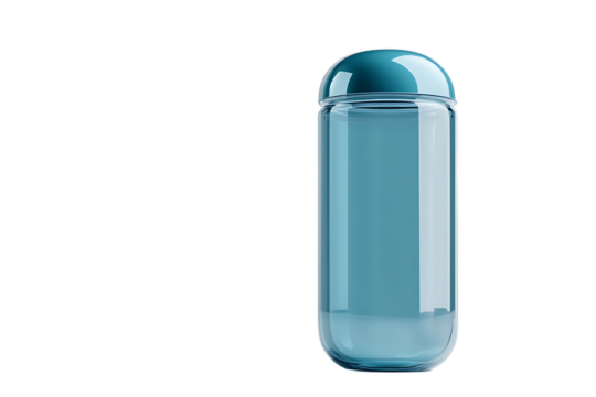 Isolated blue glass jar with a rounded lid on a black background in a studio setting showing reflection