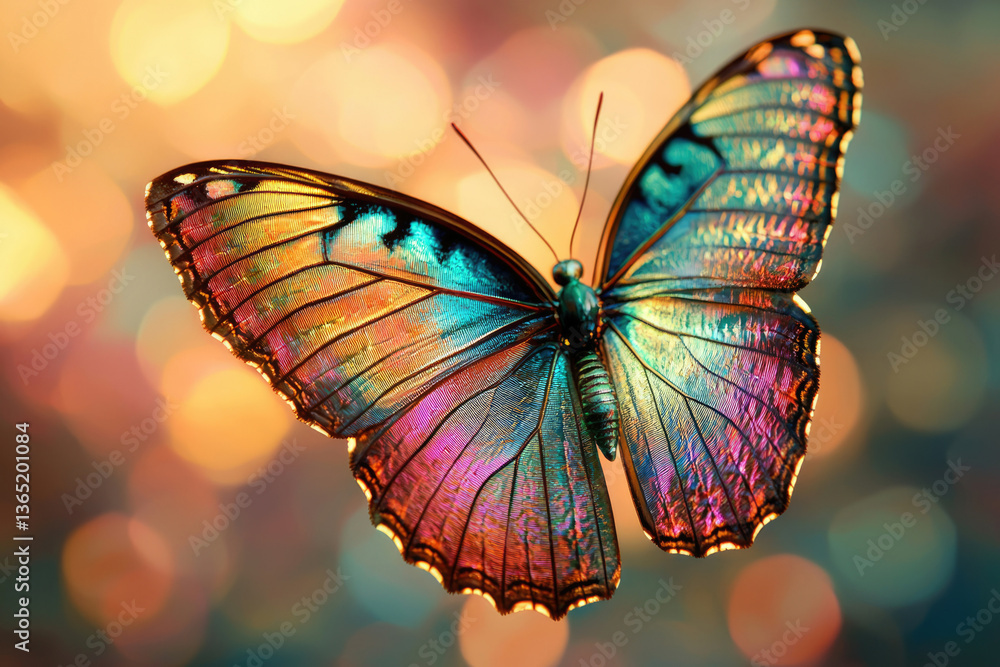 Poster a vibrant iridescent butterfly with shimmering wings against a bokeh background.