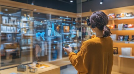 An AI powered augmented reality shopping experience, overlaying product details and reviews while browsing in-store, Retail tech style