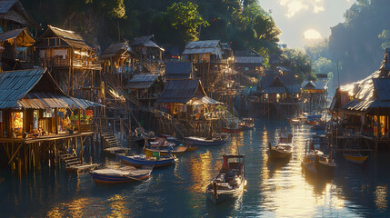 small Thai fishing village with wooden houses on stilts at sunset