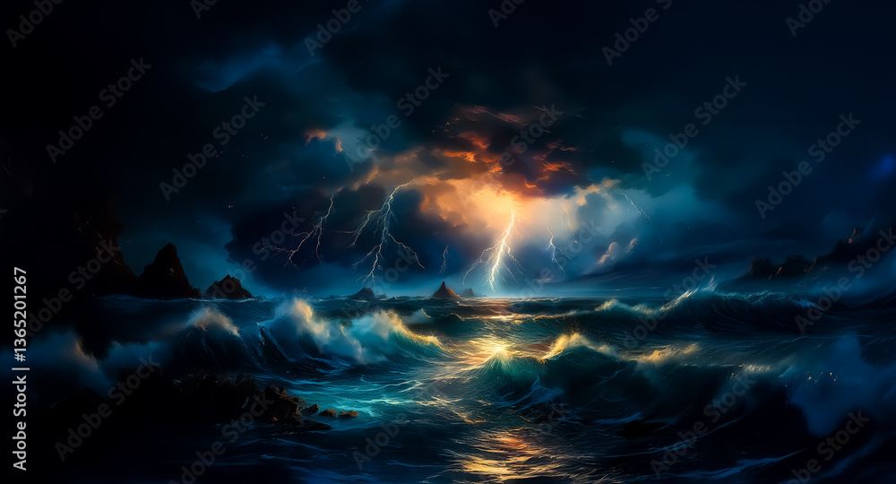 Aufkleber a dramatic ocean scene unfolds under a stormy sky, illuminated by streaks of lightning. waves crash 