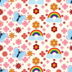 Seamless pattern with colorful rainbows, butterflies, and flowers on a light background. Ideal for kids designs, textiles, wallpapers, and cheerful stationery, adding a dreamy, vibrant touch
