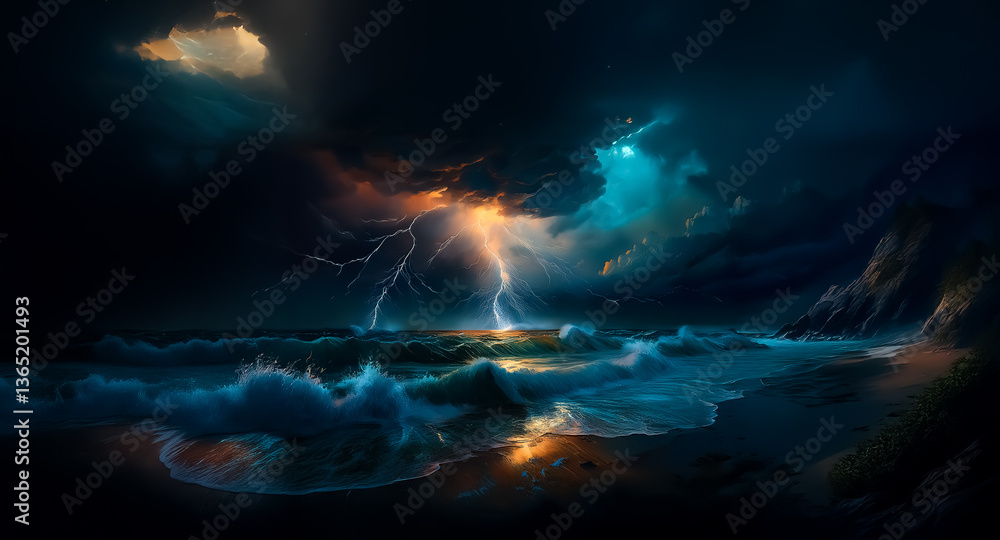 Poster a stormy sea at night with bright lightning illuminating the dark sky and crashing waves against a r