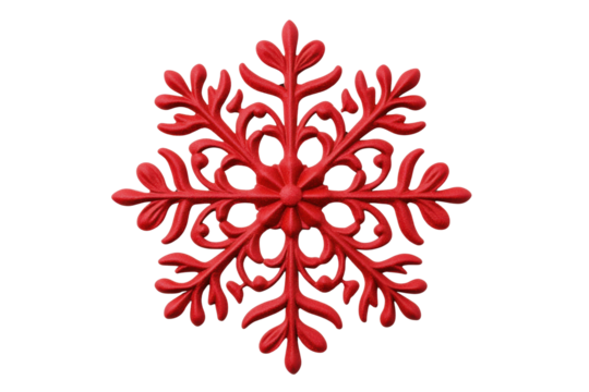 Red ornate snowflake design on black background, cut out