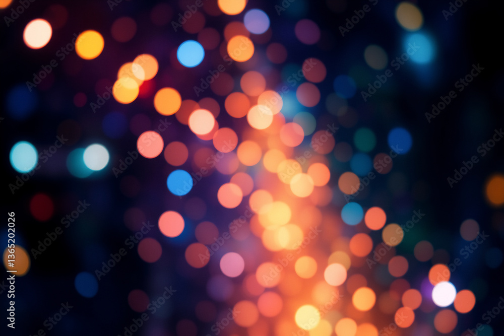 Fototapete Abstract image featuring a bokeh effect with blurred lights.  Soft glowing orbs in vibrant orange, blue, and white colors are set against a deep dark background.