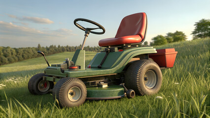 Fototapeta premium Riding Mower in a Lush Green Field under Clear Sky 