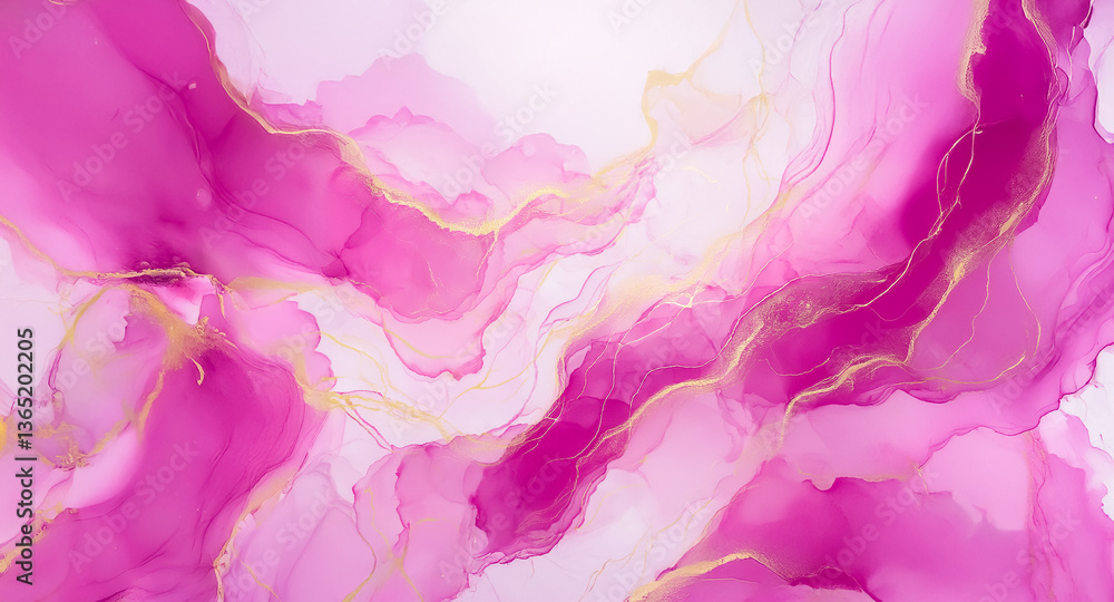 Poster abstract pink and gold fluid art with flowing, wavy design creating a soft, elegant, and modern marb