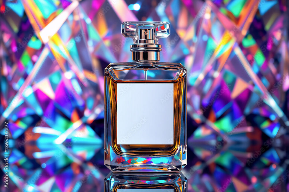 Aufkleber a clear perfume bottle with a blank label stands out against a vibrant and colorful geometric backgr