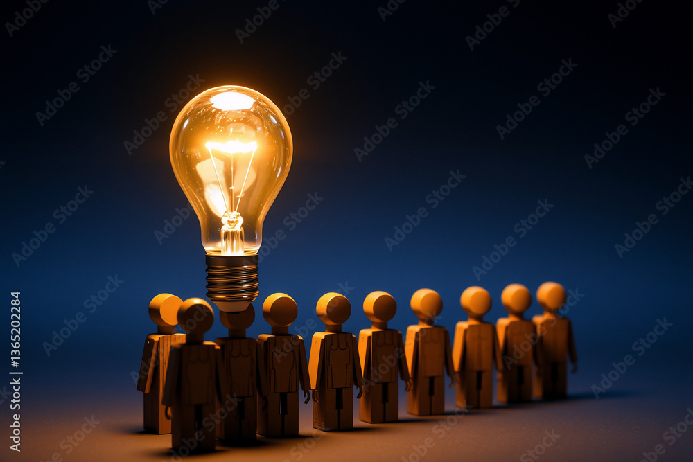 Poster Bright light bulb illuminates figures in a row, symbolizing ideas and teamwork against a dark backdrop.
