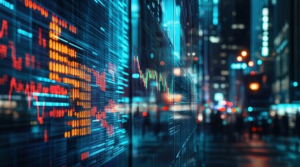 Obraz premium Digital data and city lights are displayed in the evening
