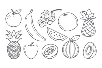 Black-and-white digital line art illustration of fruits in a clean, minimal style. Perfect for coloring pages, educational materials, or fruit-themed vector icon sets.