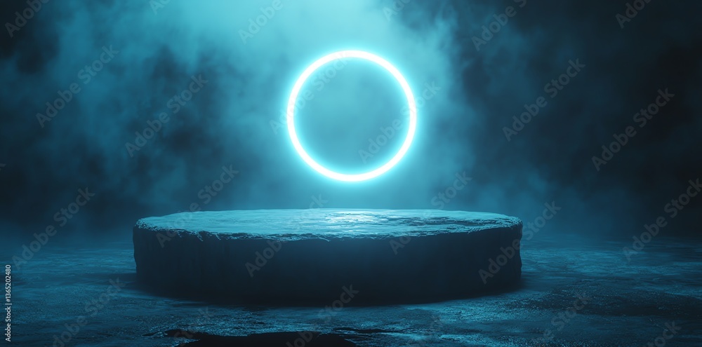 Poster abstract stone platform with glowing circle in atmospheric smoky setting