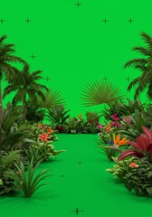 Fototapeta premium Lush tropical plants thrive against vibrant green backdrop. AI Generated