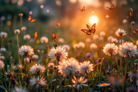 Fototapeta Golden sunlight bathes a dandelion field as butterflies flutter in the soft evening air. Serene nature scene with blooming flora.