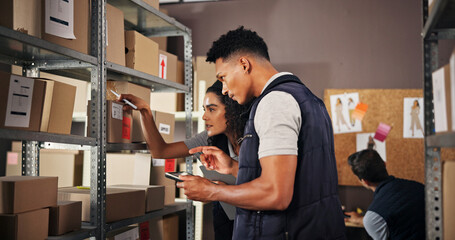 People, check and box with tablet in warehouse for inventory, online order and stock. Staff, package and inspection for supply chain, quality control and courier information with distribution details