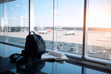 Travel scene at airport. Backpack and book on table by window. Airplanes on runway visible outside. Waiting for flight.