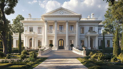 Obraz premium Elegant Federal style mansion with white pillars and lush garden
