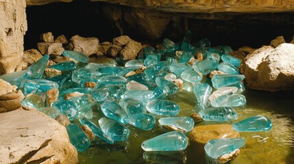 A cave with a pool of water and blue glass pieces.