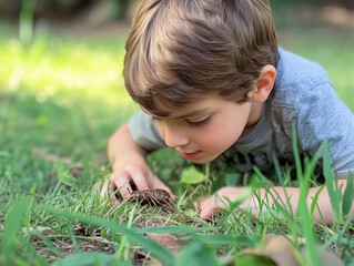 Little cute white focused boy kid child lying on his stomach in the green grass and carefully examining some small bug. Blurred nature background