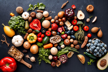 A vibrant assortment of fresh fruits and vegetables is arranged on a dark surface, showcasing a colorful and healthy food selection.