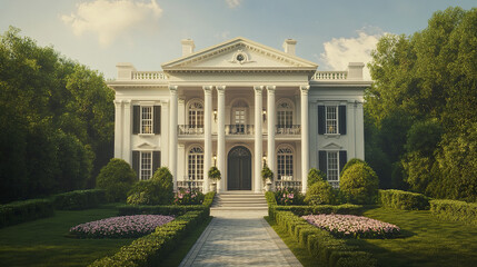 stately Federal style house with tall white columns and lush gardens