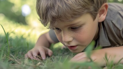 Little cute white focused boy kid child lying on his stomach in the green grass and carefully examining some small bug. Blurred nature background