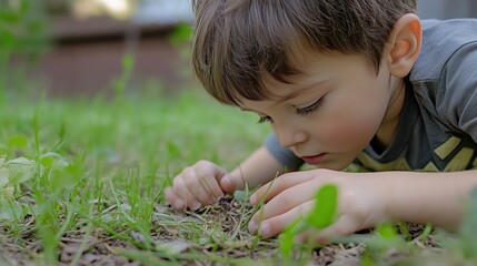Little cute white focused boy kid child lying on his stomach in the green grass and carefully examining some small bug. Blurred nature background