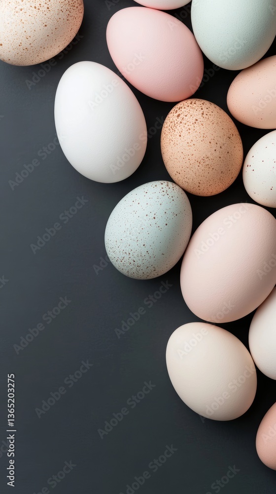 Poster variety of pastel-colored eggs arranged on a dark background creating a charming display for spring 