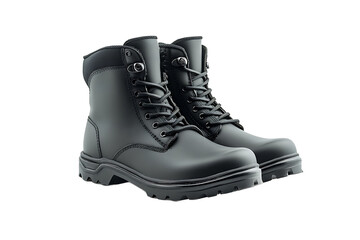 A pair of black leather work boots with laces and metal eyelets on a black background studio shot