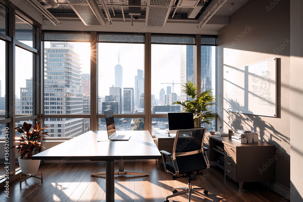Aufkleber sunlit office interior features a desk, chair, and computers with a large window showcasing a city v