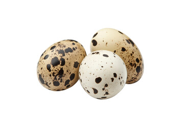 Obraz premium Three speckled quail eggs on black background, cut out