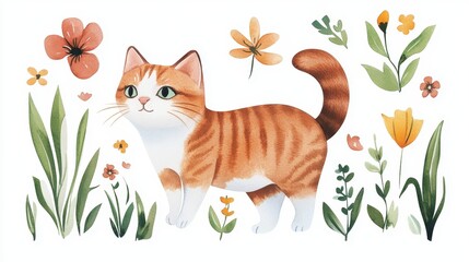 Curious cat exploring a colorful field of flowers in a captivating watercolor setting full of nature's beauty